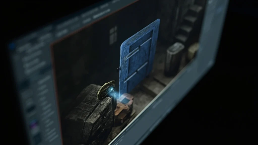 Concept illustration of the blue gate cellar key location inside a level design diagram