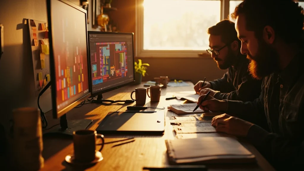 A small indie team working at a desk with monitors showing pixel art and level design tools, illustrating best indie games development