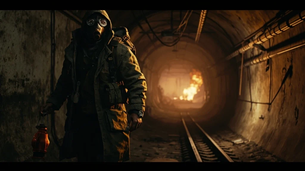 Artyom exploring a dark Metro Exodus tunnel with a gas mask and headlamp