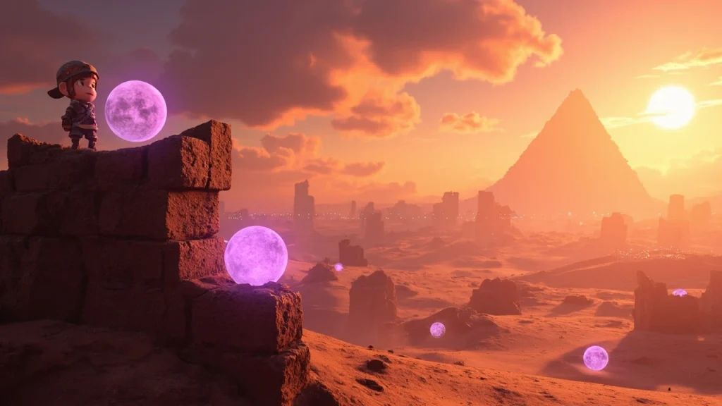 Cappy flying above the desert ruins of the sand kingdom moons in Super Mario Odyssey