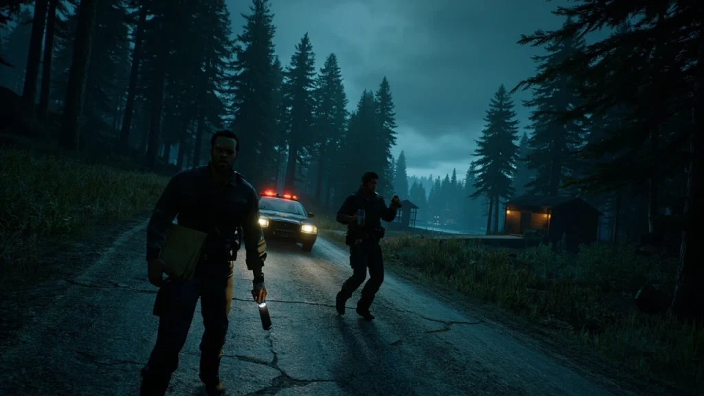 Alan Wake 2 walkthrough hero image of two agents on a dark road at night