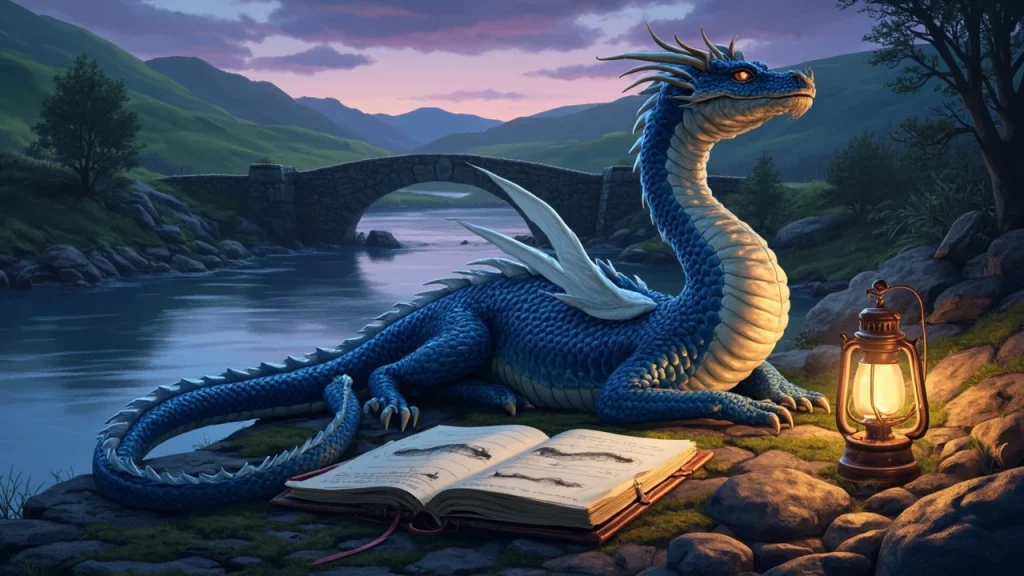 Dratini Legends ZA creature concept art at a riverside camp