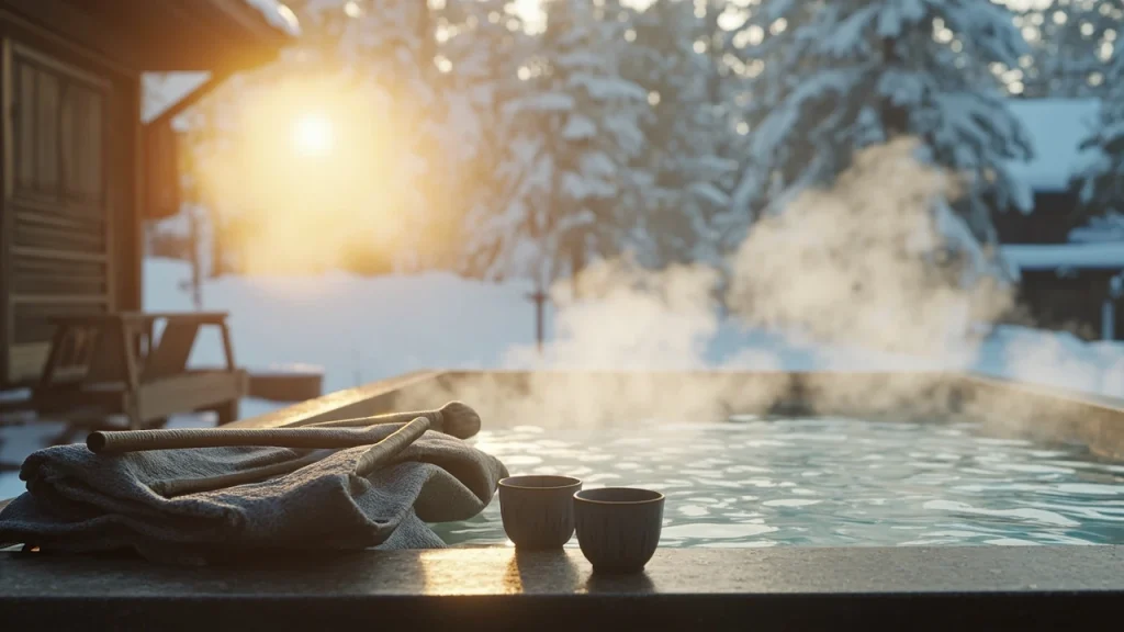 A wooden onsen tub overlooking snow in Ghost of Yotei hot springs country