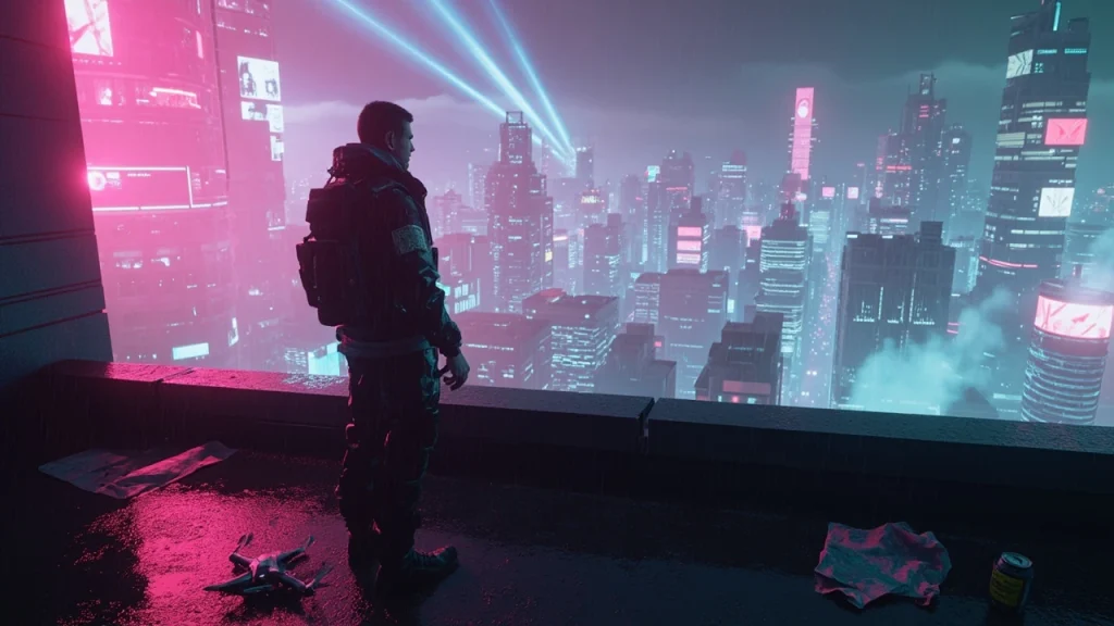 Night City skyline at dusk representing cyberpunk 2077 endings