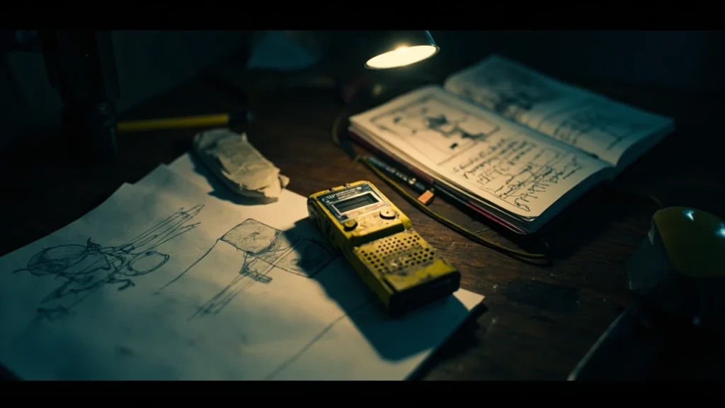 A close-up of a tape recorder and CatNap style production notes for Poppy Playtime Chapter 3