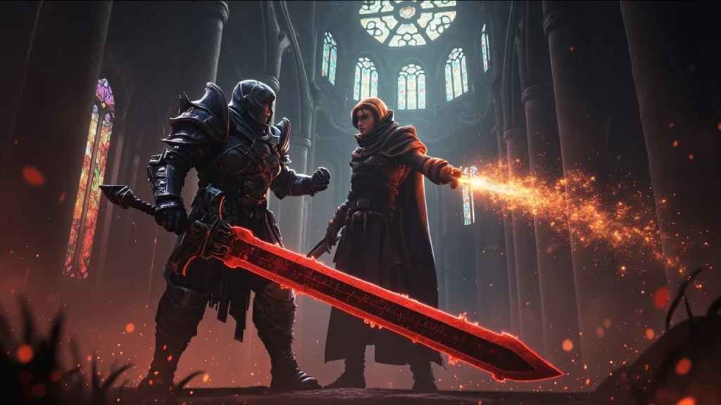 Code Vein 2 action RPG combat concept art in a dark cathedral setting