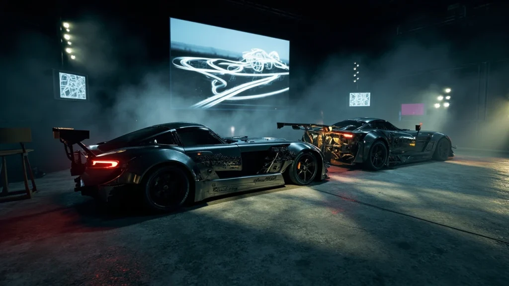 Fast and Furious 11 concept art with stylized cars and game design tools