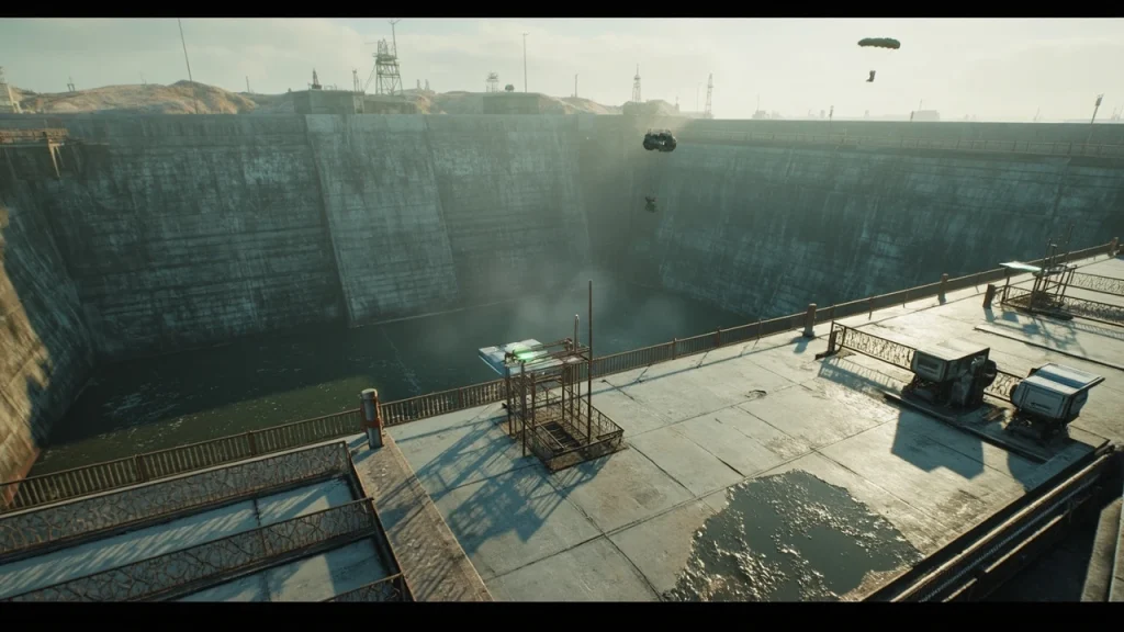 Tactical overhead view of the Dam Battlegrounds map with Call Station antennas marked on the central concrete structure.